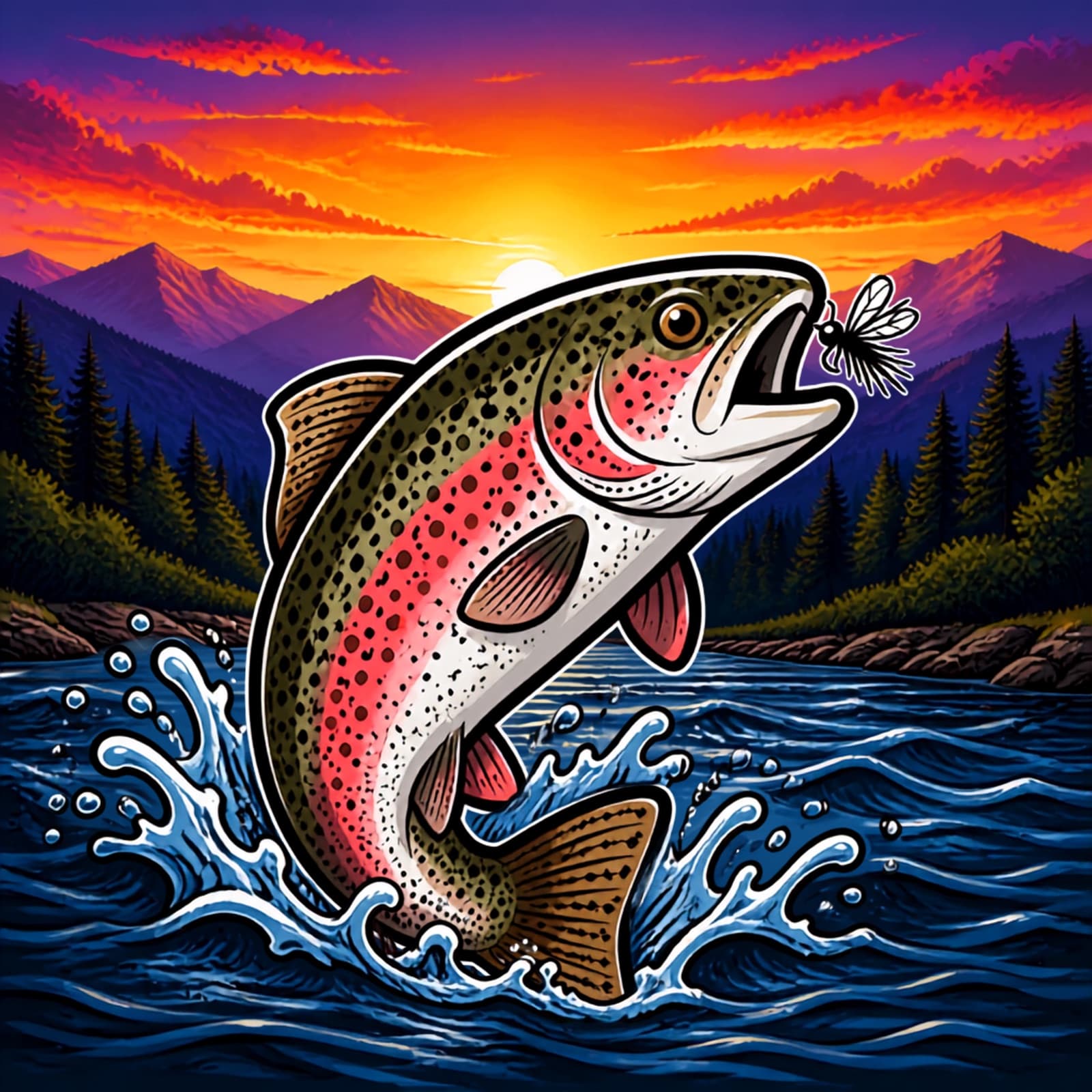A rainbow trout leaping for a fly on a river at sunset, with mountains behind